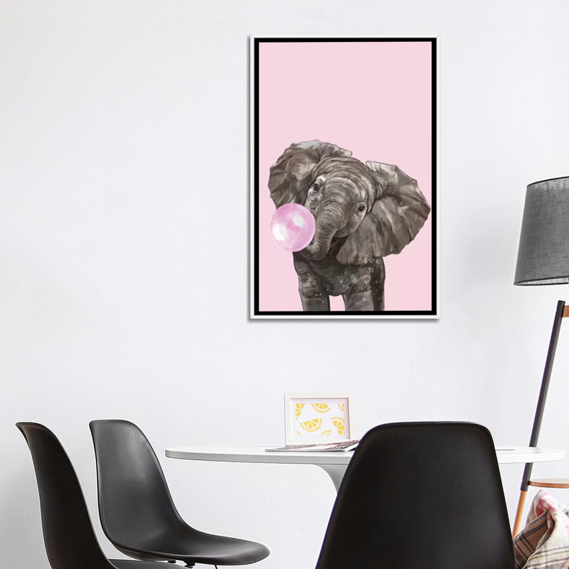Art d’éléphant de gomme à bulles, Toile blanche encadrée, H 48 po x l 32 po x P 1,5 po