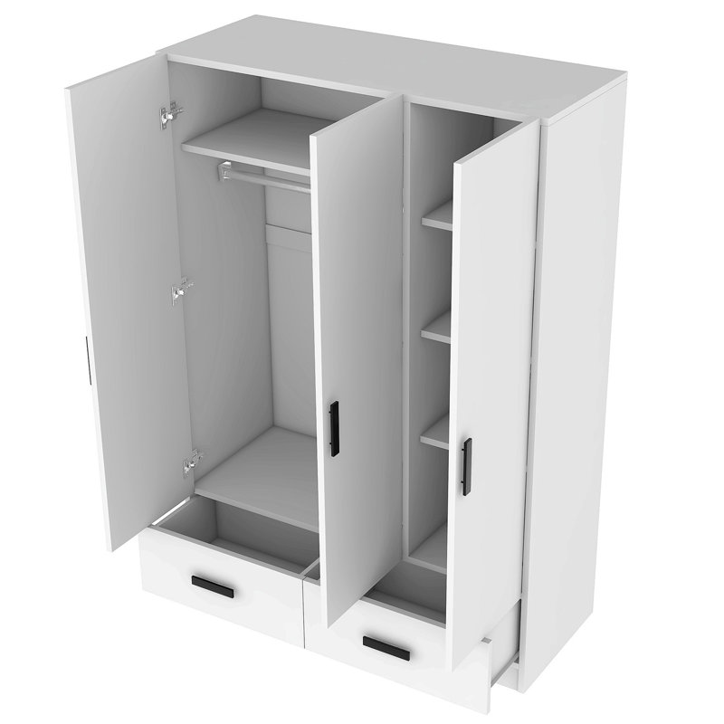 3 Door Wardrobe Closet With Storage Drawers,Shelves And Hanging Rod,White