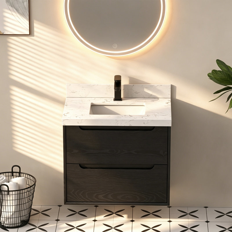 30" White Engineered Stone Vanity Top With Rectangular Ceramic Sink And 4" Backsplash