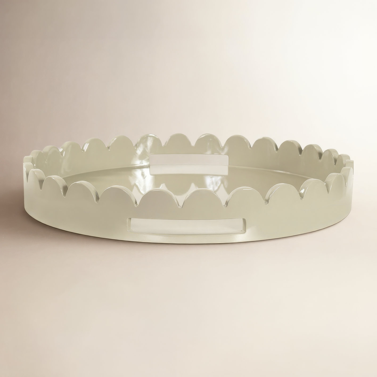 Effa Hand-Crafted Round Scalloped Wood Tray, Gray