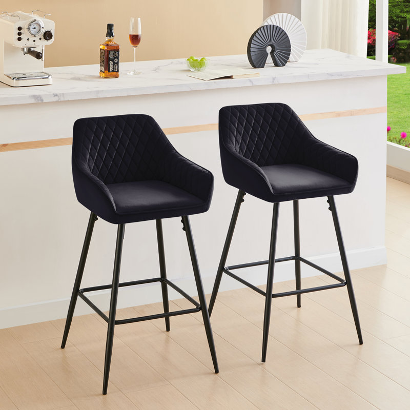 Saarrah 68cm Upholstered Bar Stool with Arms, Black Velvet, 2