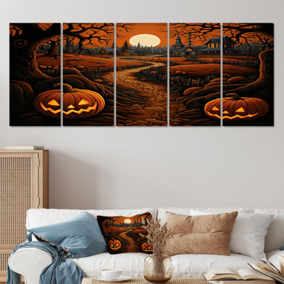 5 pièces d'Halloween citrouille d'Halloween à Spooky Town - Paysage abstrait, art mural pour le salon