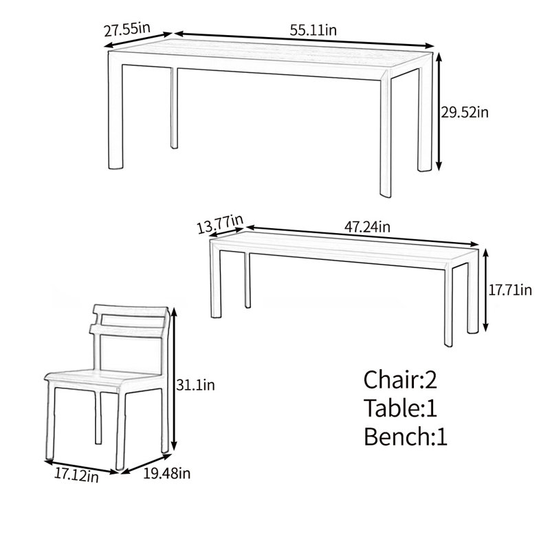 Ensemble de table de salle à manger simple et confortable en bois massif, Noir, noir, noir, noir
