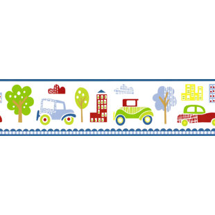 Prepasted Wallpaper Border - Kids Red, Green, Blue, Yellow Cartoon Retro Cars, City Wall Border Retro Design, 15 Ft. X 6 In.