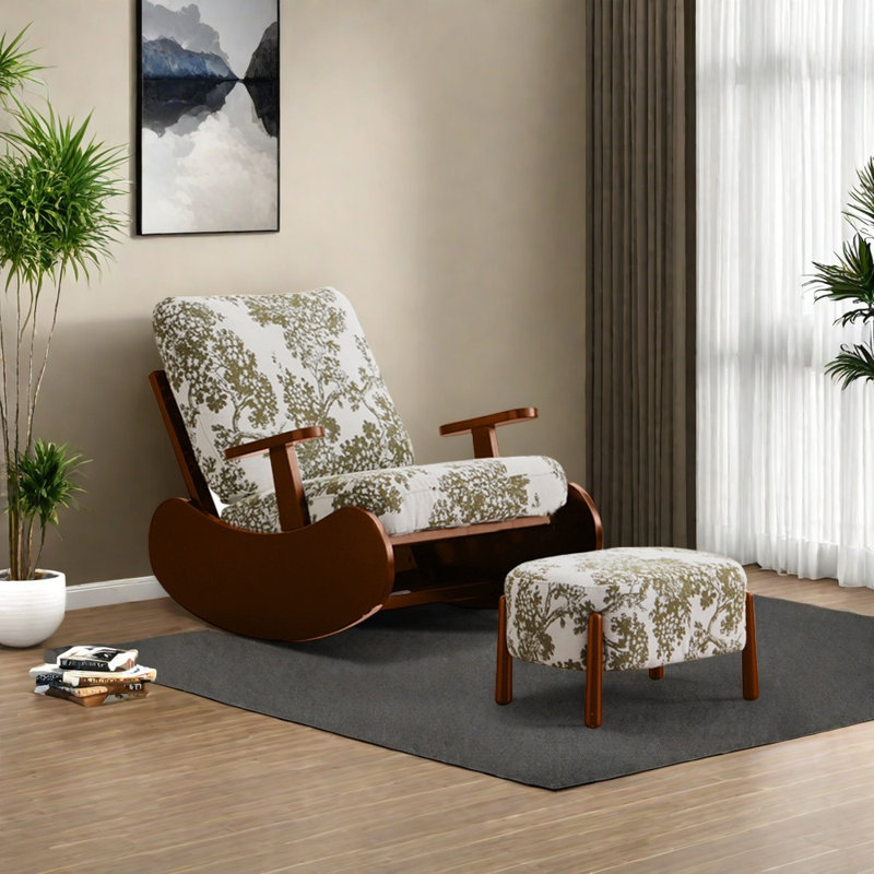 Double armrest solid wood printed rocking chair, Brown