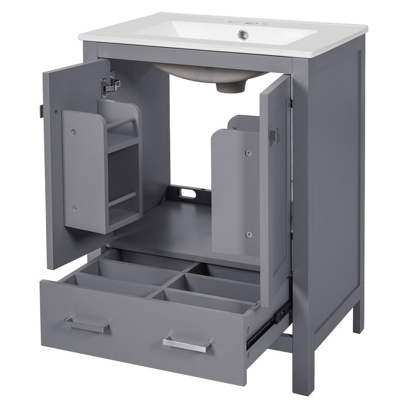 24 - Inch Transitional Style Bathroom Vanity With Ample Storage, Soft Close Hinges, And Exquisite Painting Craftsmanship 24" Gray Double Layer Door Shelf, Easy Assembly For Quick Setup