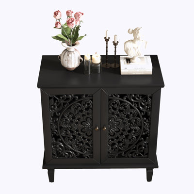 Hollow-Carved 2-Door Display Storage Sideboard Accent Cabinet With Symmetrical Floral Design, Adjustable Shelf And Solid Wood Legs