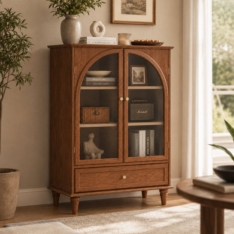 Vitrine cintrée de style ferme vintage Danely avec placage en bois véritable et pieds en bois massif