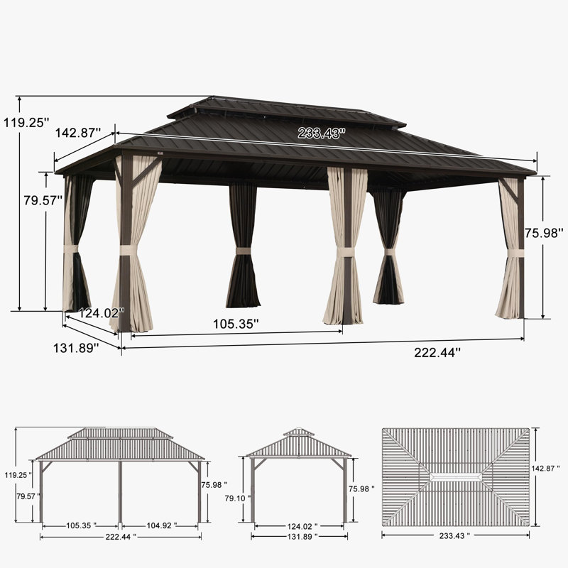 Aluminum  Outdoor Hardtop Gazebo Double Roof For Patio Desk Backyard Brown, 12' x 20'