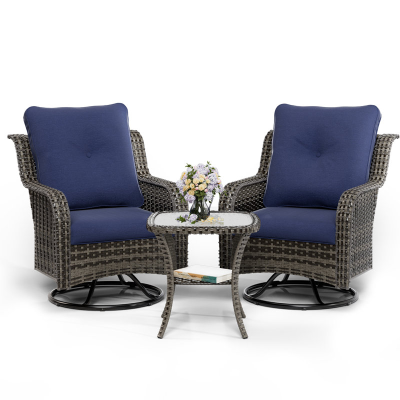 2-Person Wicker Swivel Rocker Seating Group With Cushions Wide Seat, Navy/Gray