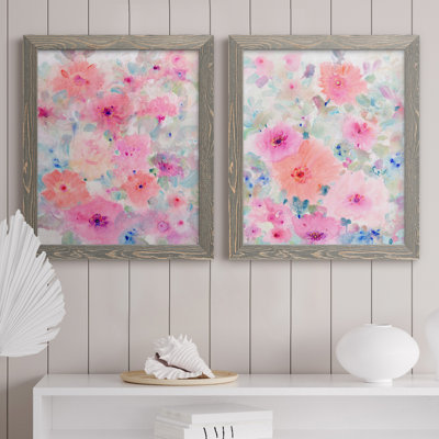 «Bright Floral Design I», ensemble de 2 peintures sur toile encadrées