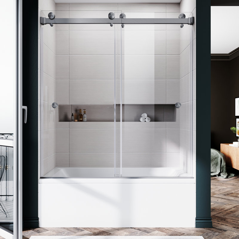 Royal 56 to 60 in. x 66 in. H Frameless  Double Sliding Shower Door with Two Finger Pullsin Space Gray and 3/8 in. (10mm) Clear Glass