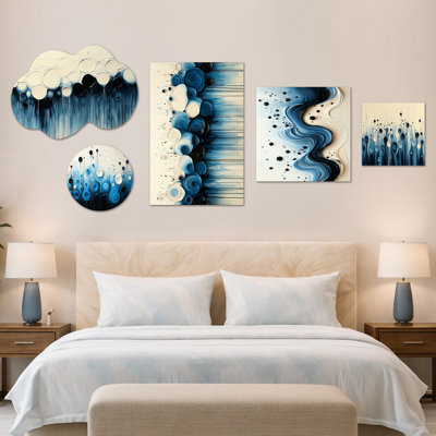 Ensemble de 5 pièces d'art mural, toile et métal abstraites Aqua Rhythmic Splash of Serenity IV (100 po x 40 po)