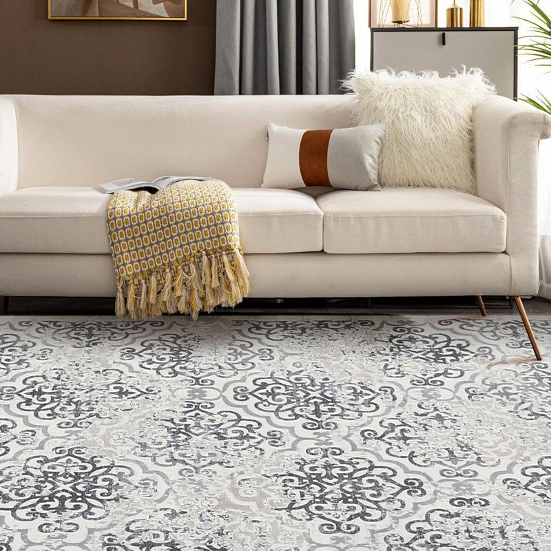 Washable Area Rug Non-Slip Low Pile, Vintage Gray Soft Non-Shedding Thin Carpet, Retro Distressed Faux Wool Oriental Rug for Bedroom/Living Room