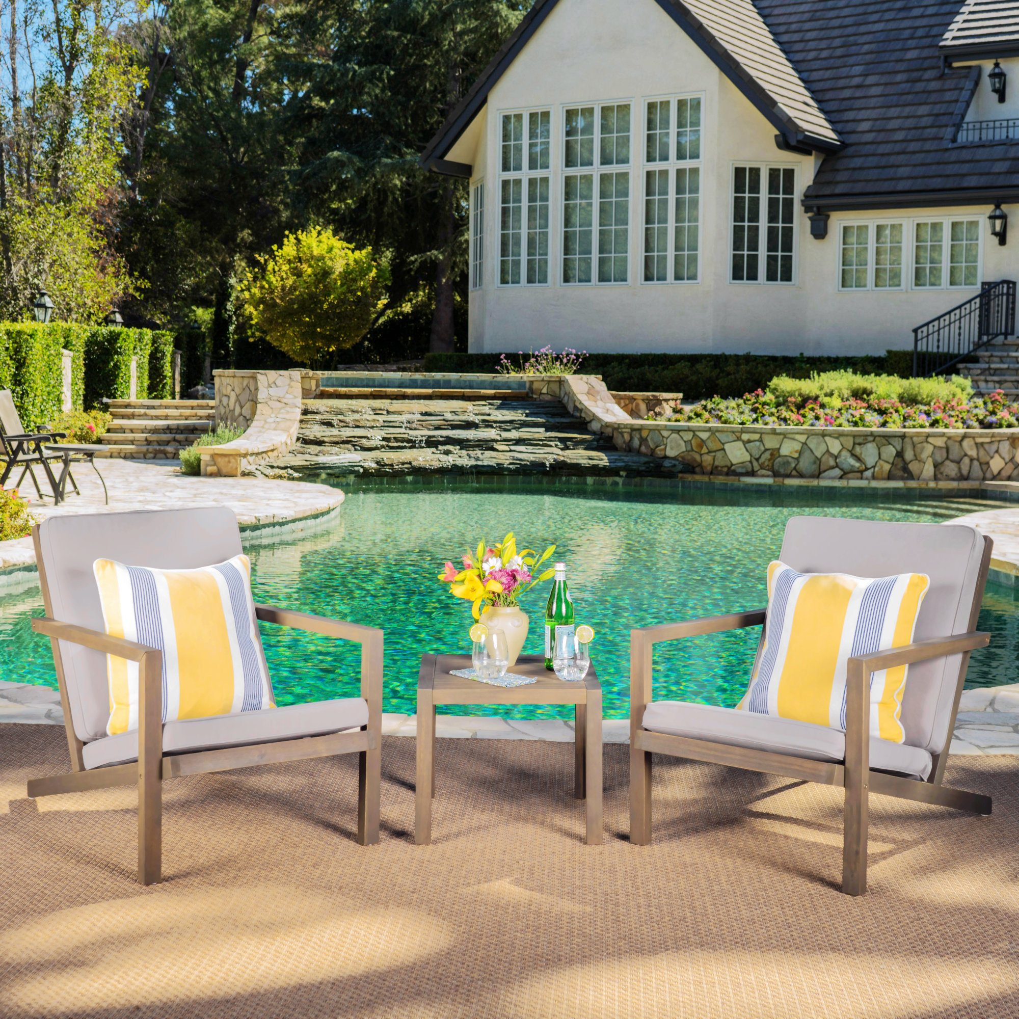 Aubrieana 3 - Piece Acacia Seating Group with Cushions, Brown, Gray