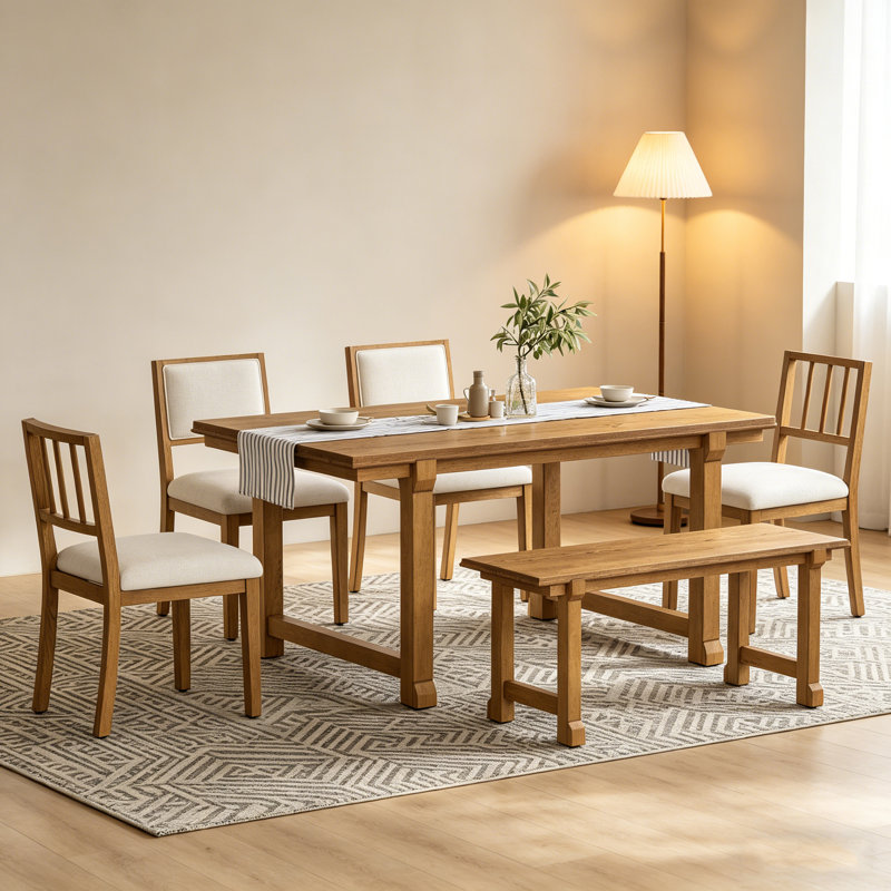 Ensemble de salle à manger de ferme 6 pièces avec structure en bois massif et chaises ergonomiques à double style (noyer et beige)
