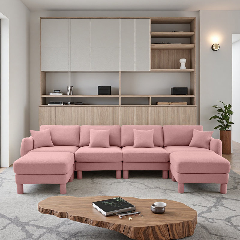 Boucle Fabric Convertible U Shape Sectional 4-Seater Sofa Couch With Distinctive Shell-Shaped Armrests And Removable Ottoman