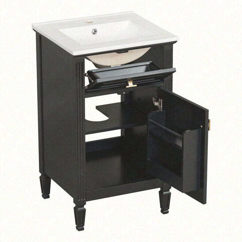 Meuble-lavabo vert de 20 po avec lavabo, pieds en bois massif, tablette réglable, tiroir inclinable, boutons en alliage de zinc, armoire autoportante moderne pour petite salle de bain