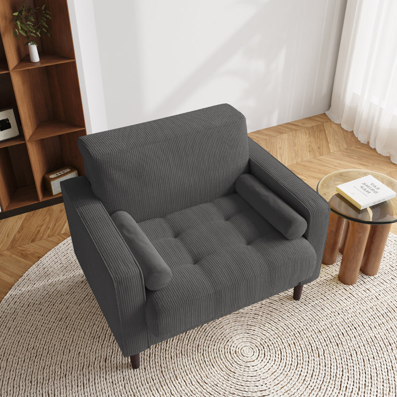 Iliana Upholstered Gray Corduroy Square Arm Tufted Club Chair with 2 Pillows, Grey Corduroy