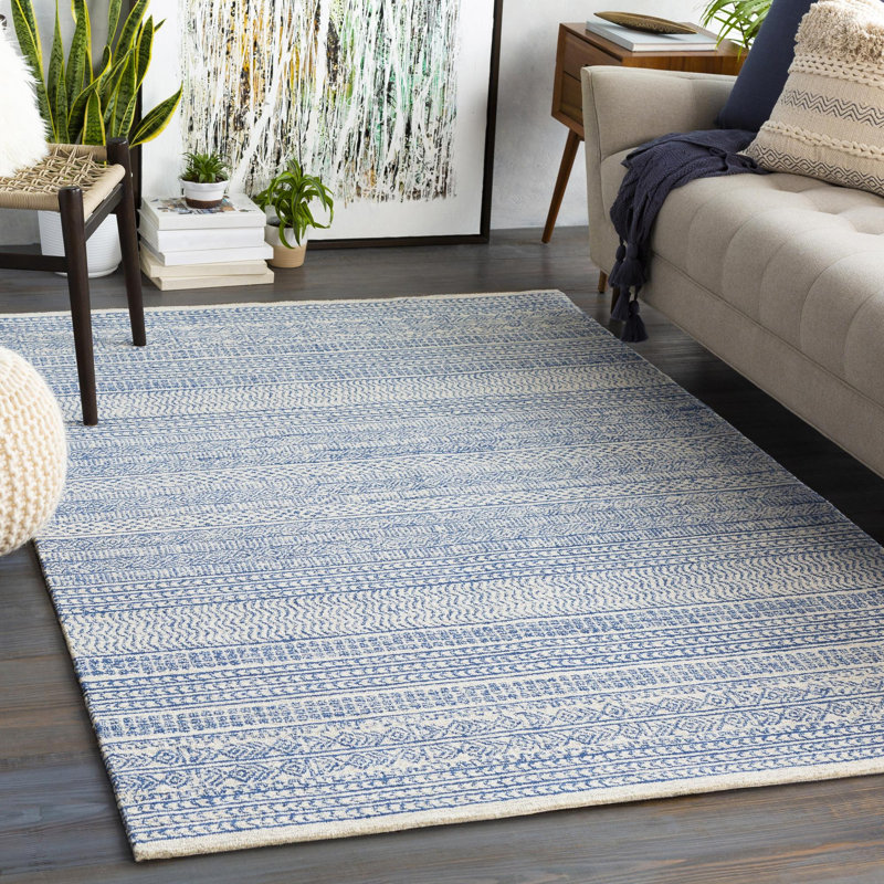 Tapis bleu foncé / ivoire en laine touffeté à la main Abdera, Rectangle 12 pi x 15 pi