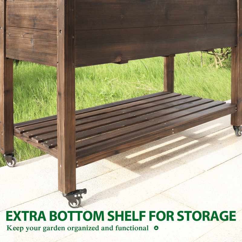 Rosan Wood Outdoor Elevated Planter with Wheels, Rustic Brown