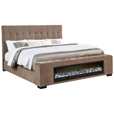 Modern Brown Upholstered Queen Bed With Seamless Audio Streaming, Flame Visualizer And Headboard Size Headboard, Wood Frame