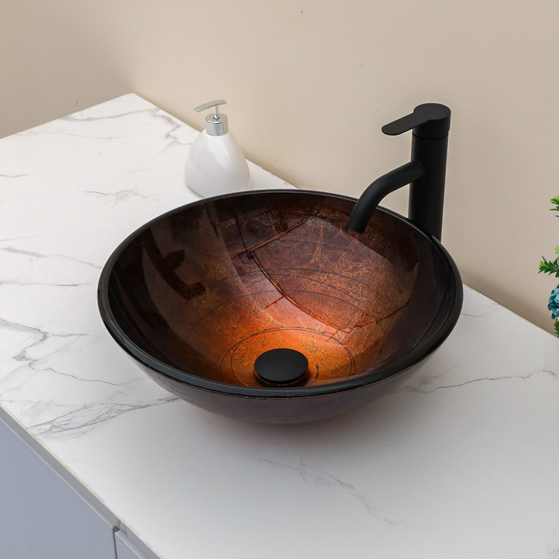16.5" Circular Glass Bathroom Sink Vessel Sink with Pop-Up Drain, Brown
