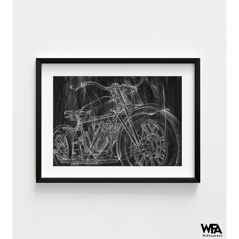 Motocyclette, croquis mécanique «I» par Ethan Harper, impression d'art sur moto, H 42 po x l 56 po, Noir, noir, noir, noir