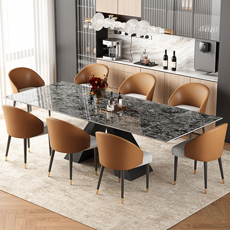 Ensemble de salle à manger 9 pièces avec plateau de table en pierre frittée extensible de 110,24 po, 8 chaises de salle à manger rembourrées en similicuir et base en métal