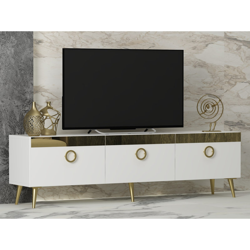 Meuble télé moderne, finition blanche, 59,1 po x 11,8 po x 17,7 po | 100% panneau de particules enduit de mélamine, pieds en PVC | Conception robuste et élégante, idéale pour le salon et les espaces de divertissement, assemblage facile, look élégant