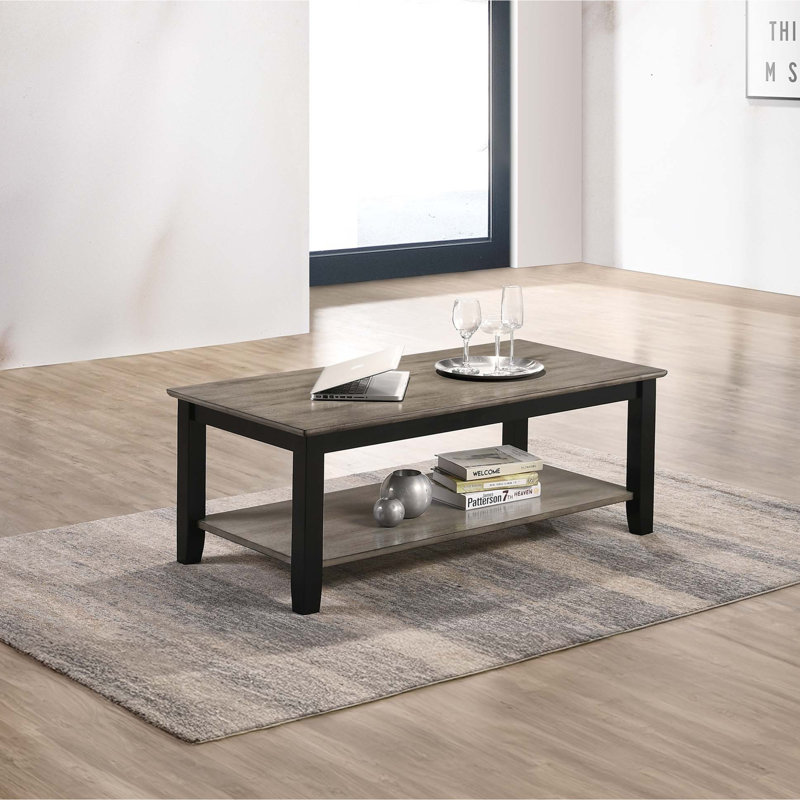 Table basse 1 pièce à finition bicolore grise et noire avec rangement sous le plateau en bois d'hévéa plaqué noyer