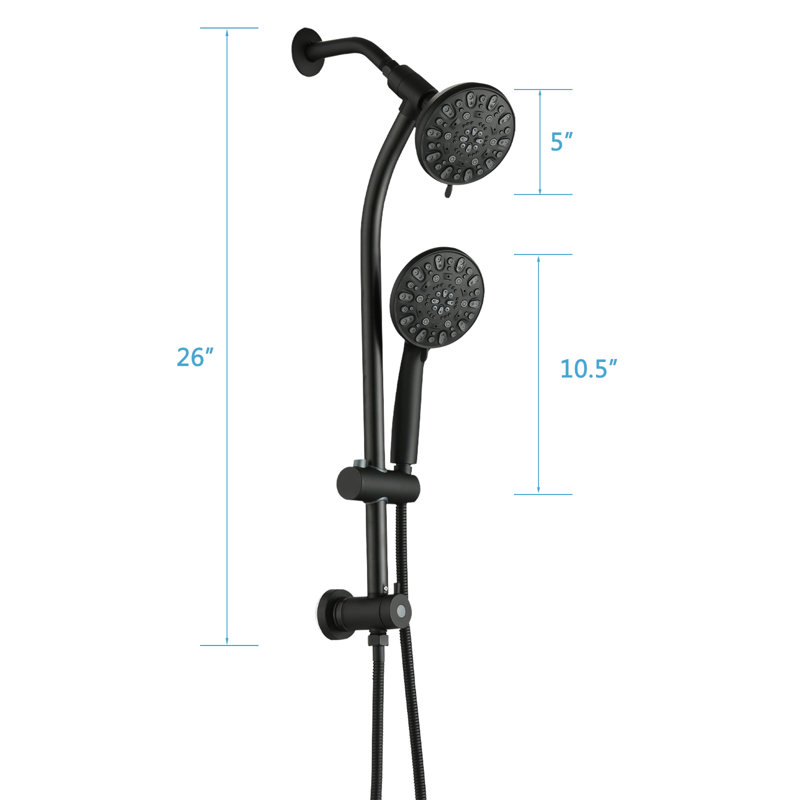 Portatif à 7 jets avec douche à effet pluie de 5 pouces et barre coulissante réglable de 26 po, installation de 1,8 gallon par minute, acier inoxydable ABS noir, tête réglable en angle, 7 réglages de jet pour un débit double réconfortant de 1,8 gallon par minute,