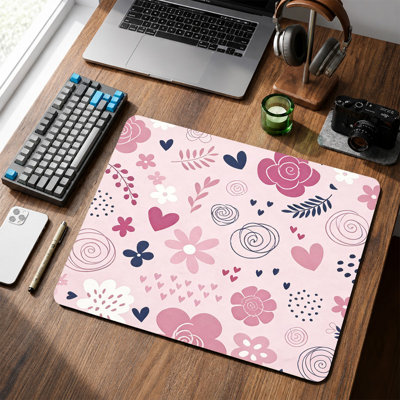  Tapis de souris en caoutchouc, surface en microfibre lisse, base antidérapante, tapis de souris décoratif à bord arrondi pour le bureau et les jeux, 12 po x 8 po, motif floral rose