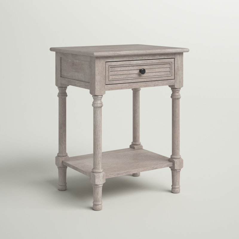 Greige Turned-Leg 22" Wood & Stone Accent Table with Drawer