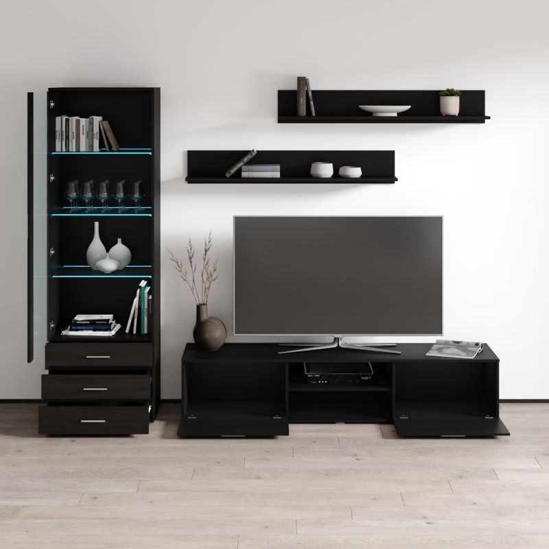 Sabala 100" Modern Entertainment Center with 16-Color LED Lighting, High Gloss Finish, Media Storage, Black