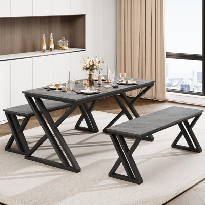 Ensemble de table de cuisine pour 4 personnes avec 2 bancs - Ensemble de table de salle à manger et de bancs peu encombrants, ensemble de coin-repas en métal robuste pour cuisine, salle à manger et appartement