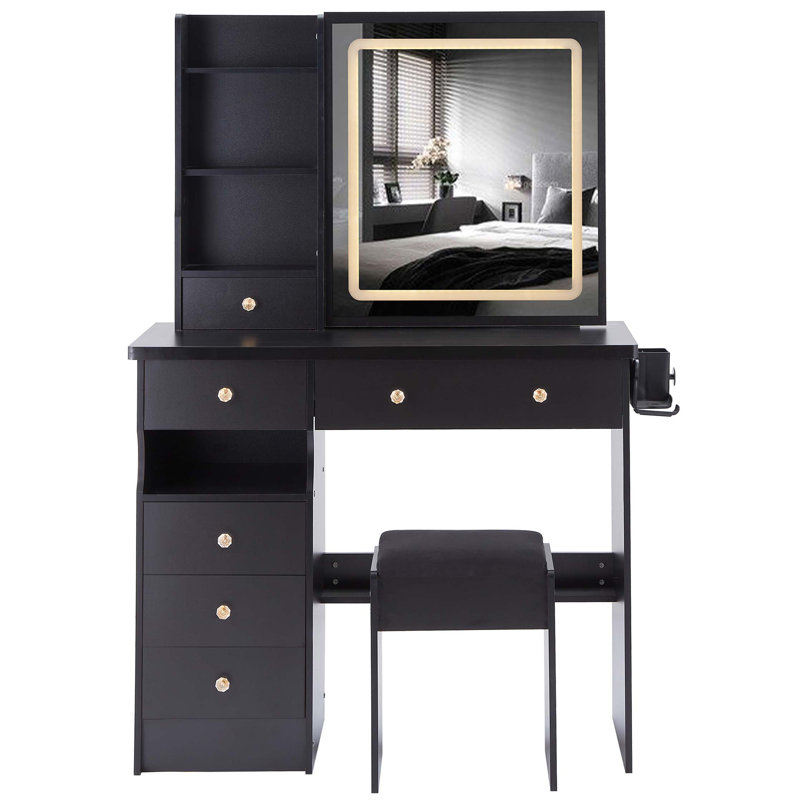 Ensemble de meuble-lavabo de 37 po avec tiroir à gauche et commode tabouret de taille moyenne 37 po, 2 prises CA + 2 prises USB, support pour sèche-cheveux, grand miroir coulissant à DEL à commande tactile, interrupteur 3 couleurs