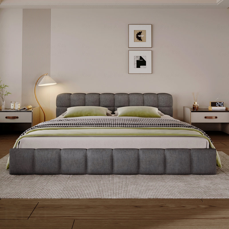 Cadre de lit élégant en chenille beige avec revêtement en damier, très grand, gris
