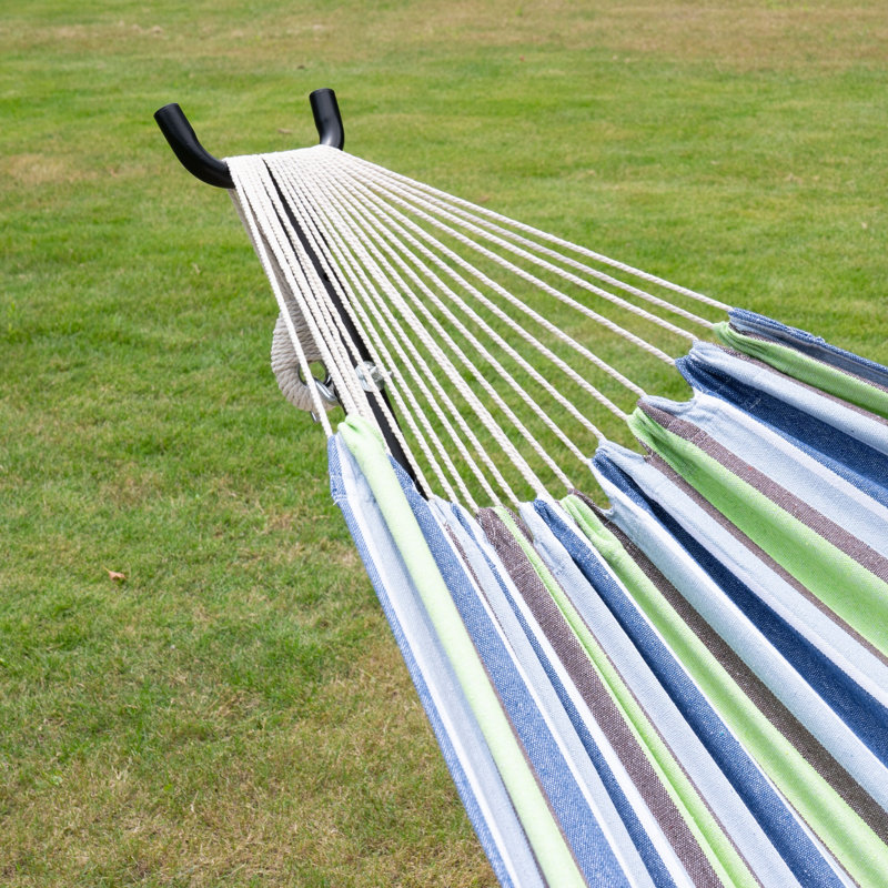 Lazy Daze Brazilian Double Hammock with Steel Stand, Pillow & Carry Bag – 9 ft Striped, Green/Blue