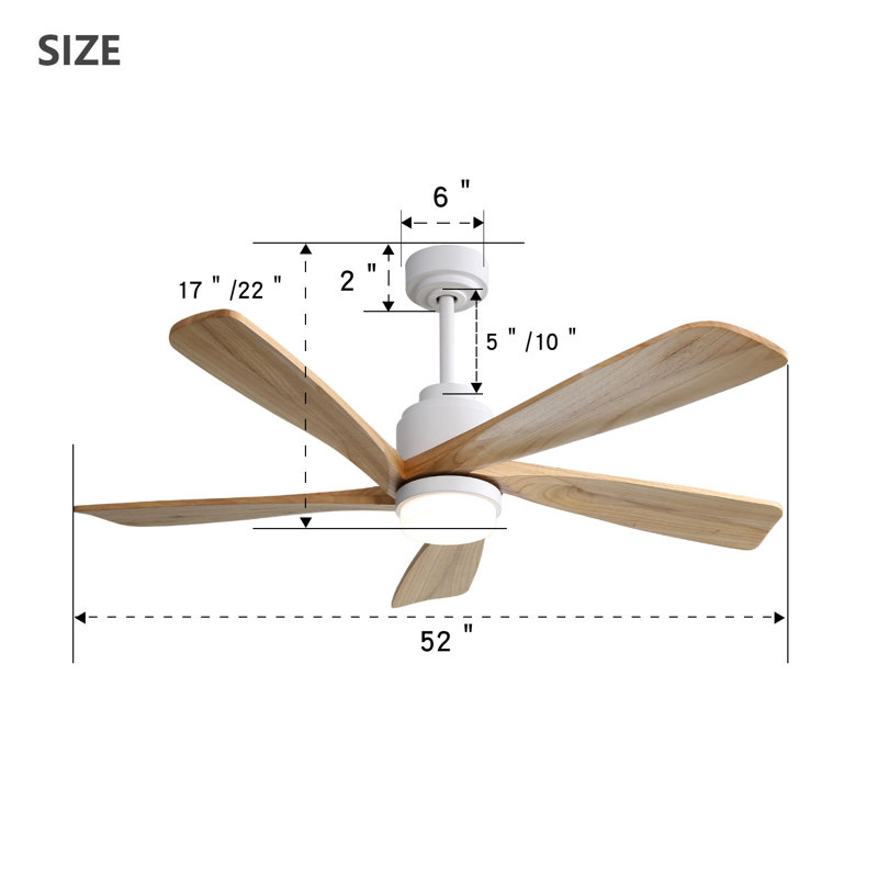 Ventilateur de plafond 52 po avec 5 pales en bois massif et télécommande, Bois naturel
