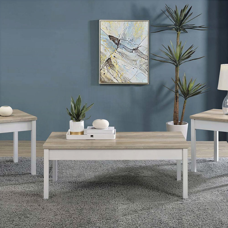 Ensemble de tables basses 3 pièces avec dessus en pin vieilli et bases blanches