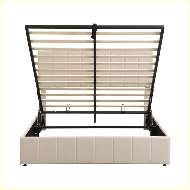 Lit plateforme tapissier moderne avec système de rangement hydraulique, Grand, Beige