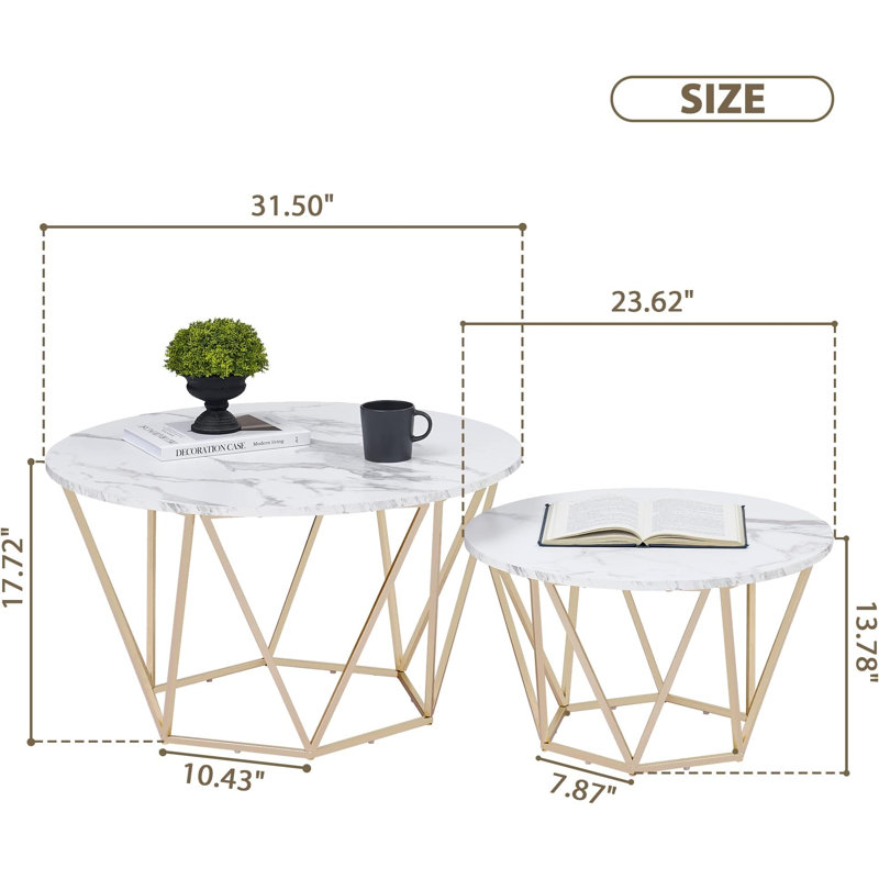 Ensemble de tables basses gigognes rondes avec plateau en imitation marbre et structure en mÃ©tal