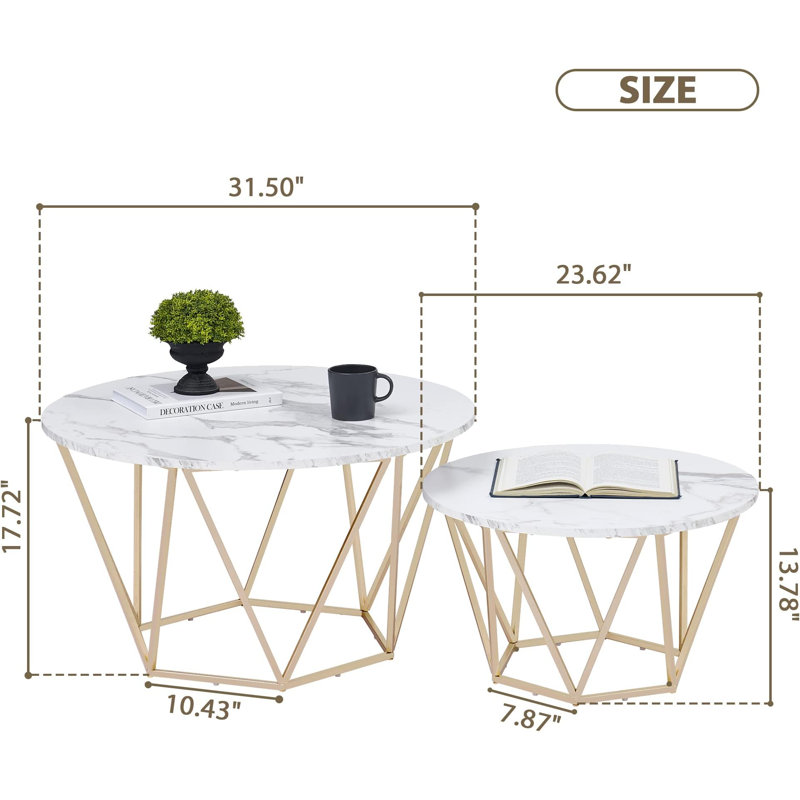 Nesting Round Coffee Table Set with Faux Marble Top and Metal Frame