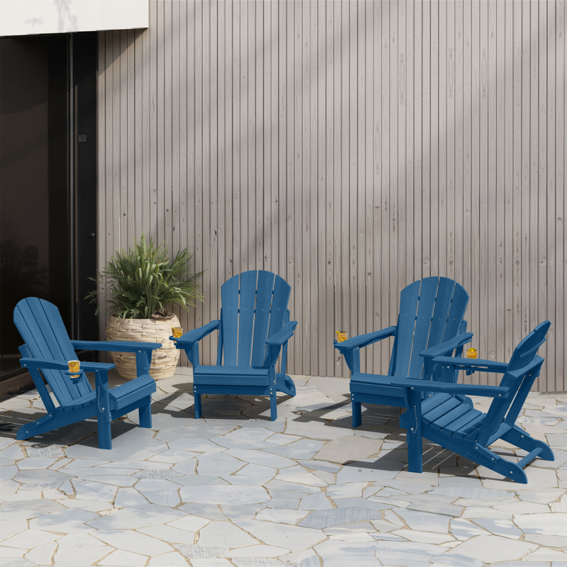 Besteiro Adirondack HDPE Foldable Chair Wood Texture  With Cup Holder, Navy Blue