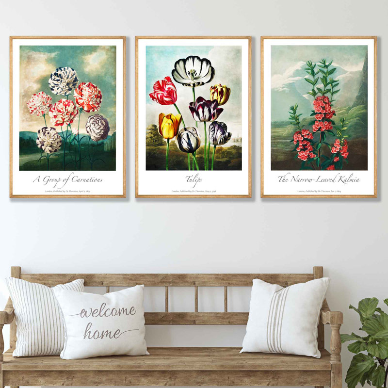 Cottage Garden Vintage Flowers by Robert John Thornton - 3 Piece No Frame Painting Set, 40cm H x 90cm W