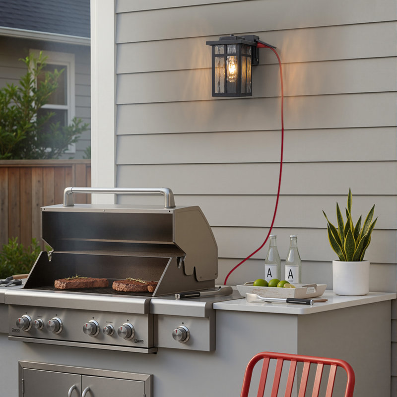 Black Outdoor Wall Lantern With Water Glass Shade And Gfci Outlet