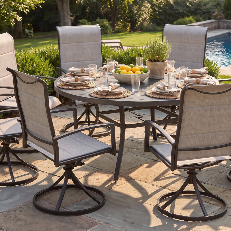  8-Person Patio Dining Set with 60" Round Dining Table and 8 Padded Textilene Swivel Chairs, Gray/Gray