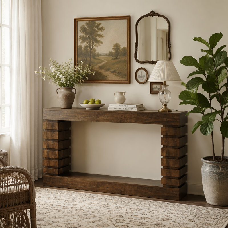 Console 70,8 "rectangulaire avec base géométrique pour le salon, Brown
