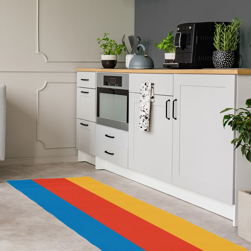 Tapis bleu/jaune rayé, Tapis de couloir 2 pi 6 po x 8 pi
